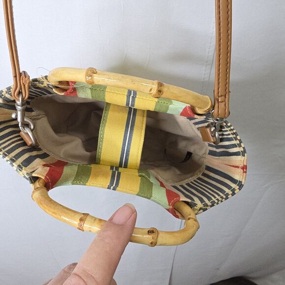 FOSSIL Sriped Canvas Crossbody Purse Bag Bamboo Handles Leather Detachable Strap - Picture 4 of 7